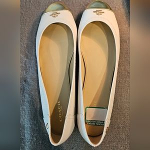 Coach Ballet Flats, Woman's Size 10, White Leather with Gold Toes.